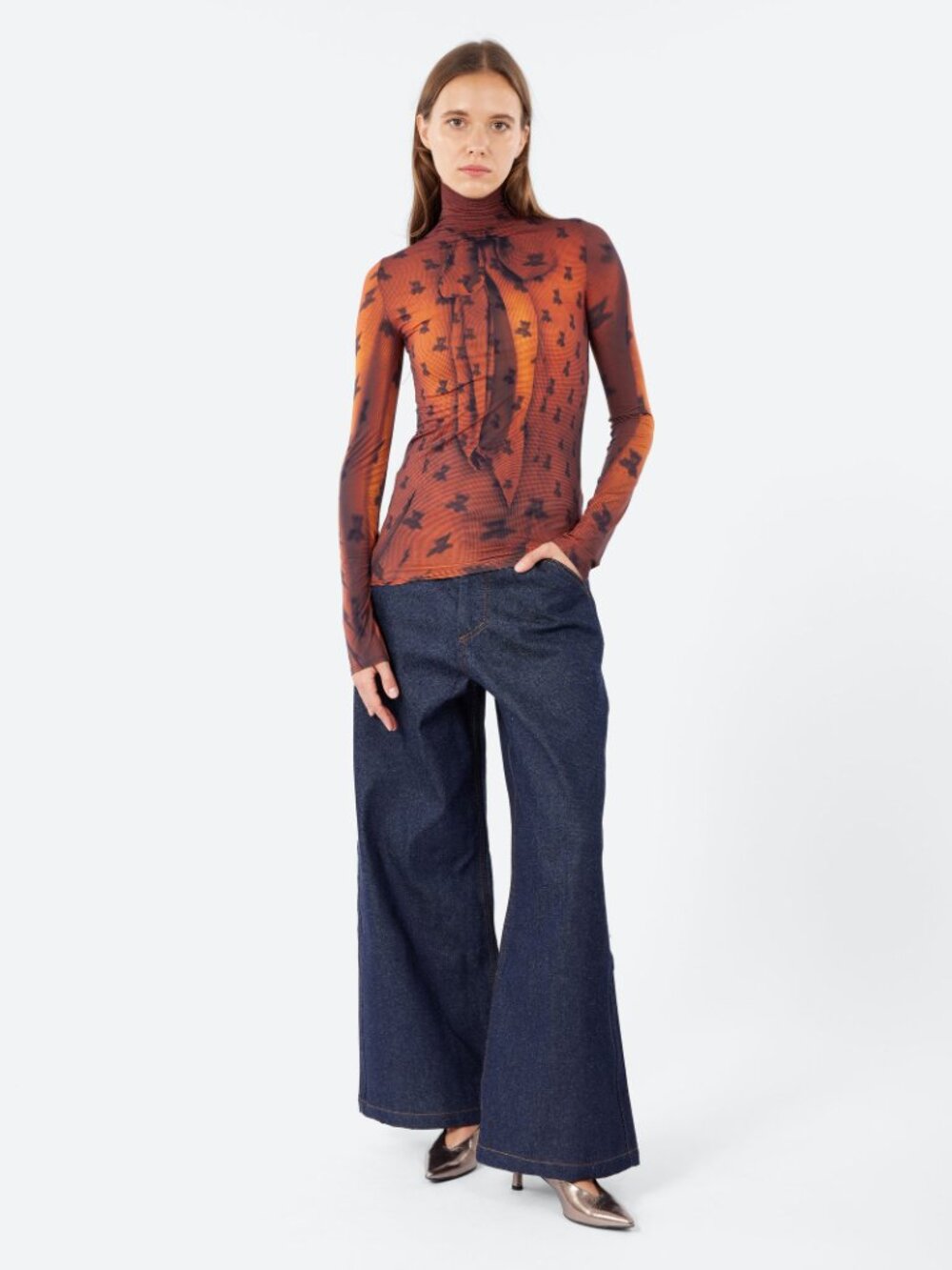NWT ACNE STUDIOS Fitted Print Funnel Neck Mesh Top Rust Brown Bear Size L - Picture 2 of 4